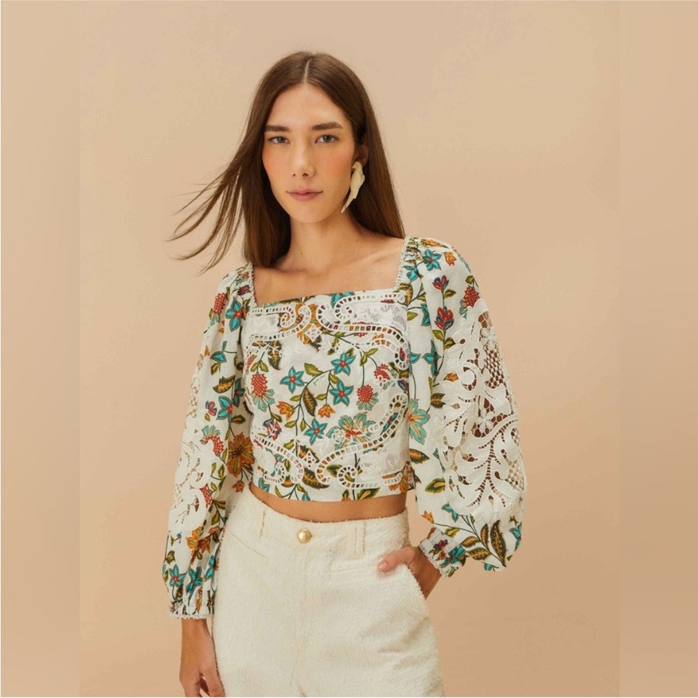 Farm Rio - : Off-White Botanicals
Lace Blouse